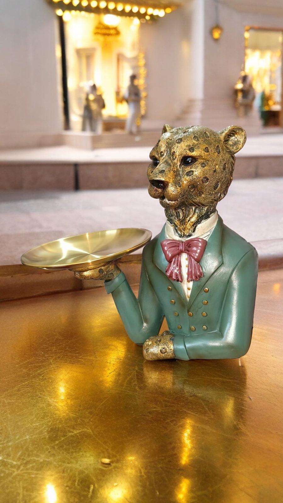 Green Golden Leopard Decorative Figure with Tray - Home Décor and Gift