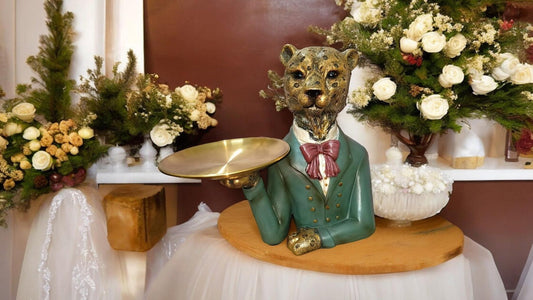 Green Golden Leopard Decorative Figure with Tray - Home Décor and Gift