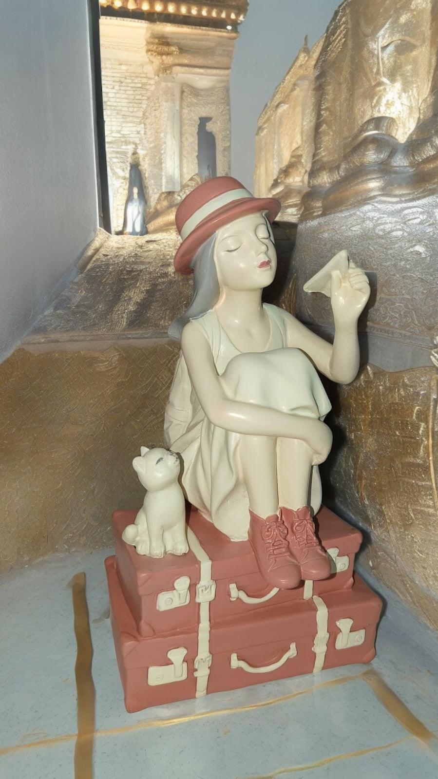 Charming Girl with Kitty Resin Statue - Matte Finish Art sculpture