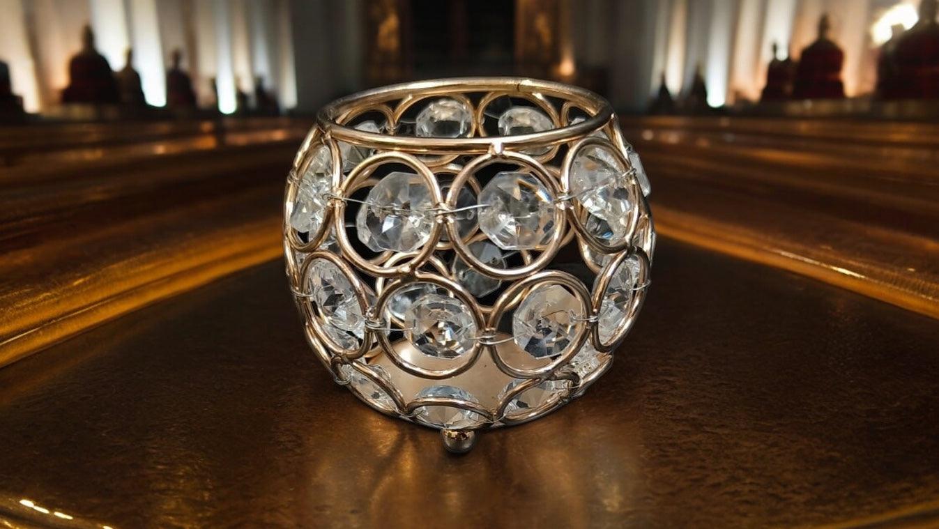 Golden and Diamond-Shaped Circle Zircon Candle Holder: A Petite Touch of Elegance