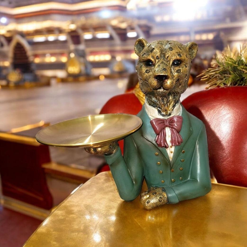 Green Golden Leopard Decorative Figure with Tray - Home Décor and Gift