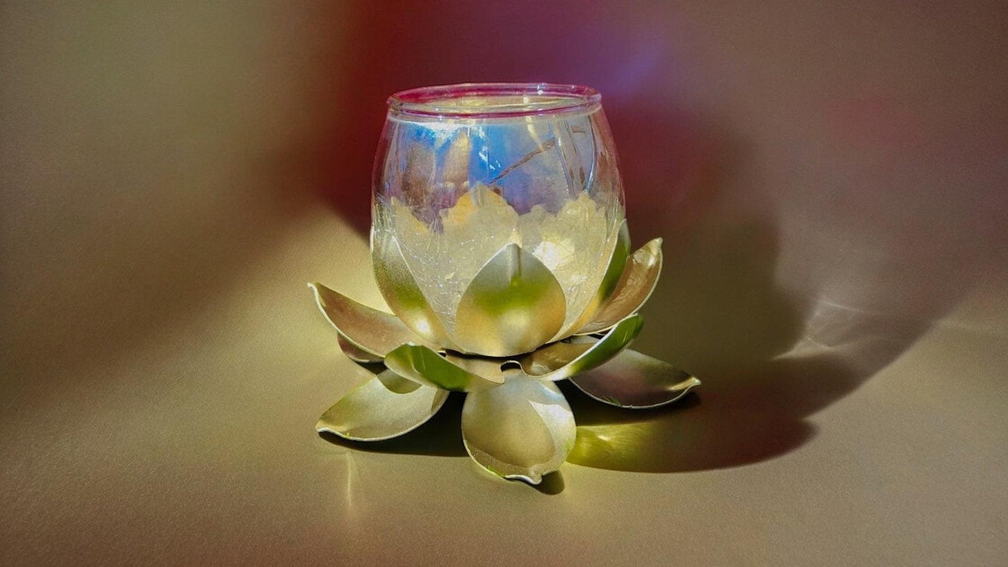 Lotus Glass Candle Stand with metal Leafs