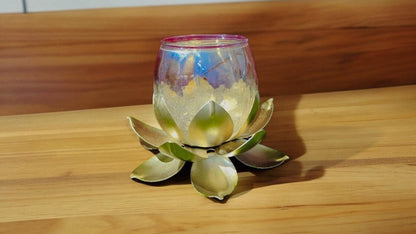 Lotus Glass Candle Stand with metal Leafs