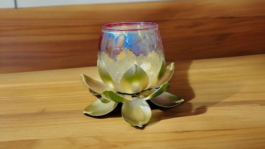 Lotus Glass Candle Stand with metal Leafs