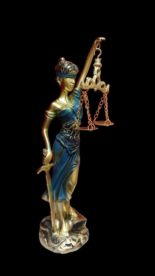 Elegant Golden and Blue Lady Justice Statue
