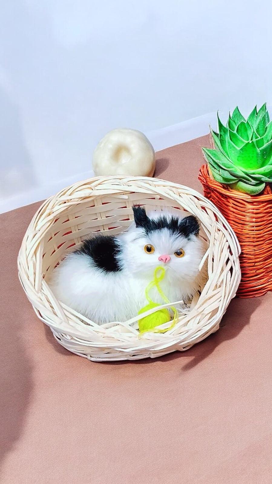 Kitten in Basket Toy – Mini Cat Stuffed Animal Doll with Meow Sounds