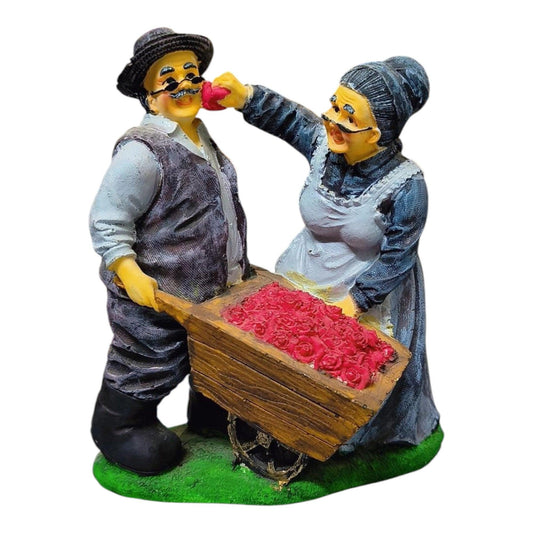 Vintage Couple Garden Figurine, Decorative Resin Statue with Flower Cart, Home Decor Collectible