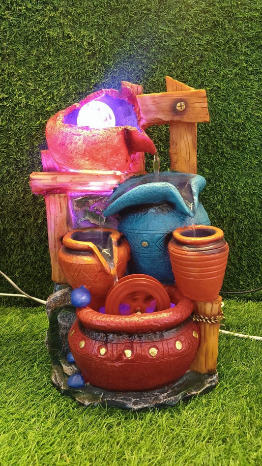 Vibrant Red-Orange Water Fountain with Clay Pots and Moving Wheels