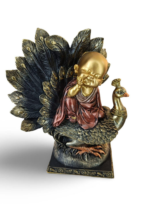 Baby Monk on Peacock Polyresin Statue