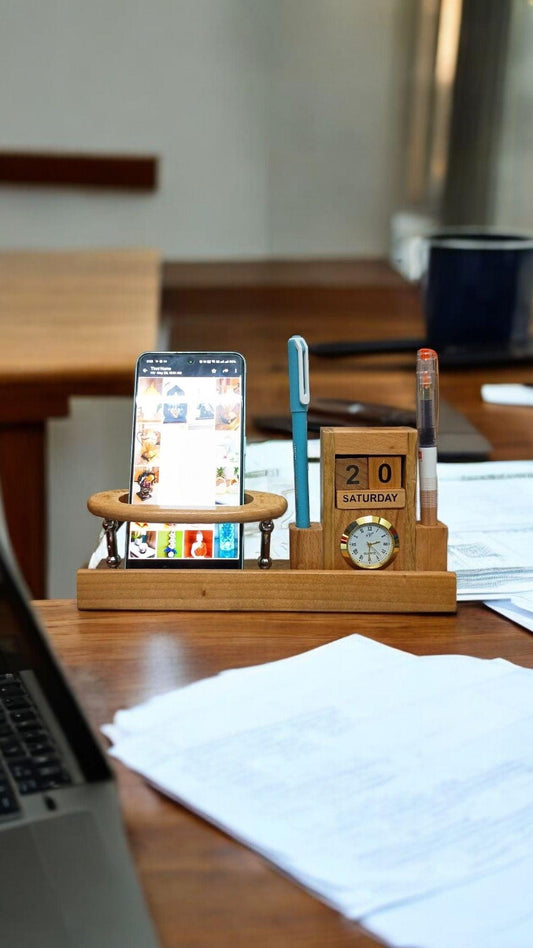 Lightwood Wooden Desk Organiser with Clock and Date Cubes