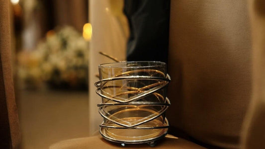 Decorative Glass Candle Holder with Gold Swirl Metal Frame