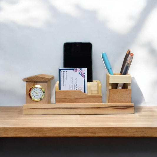 Wooden Desk Organiser With Clock