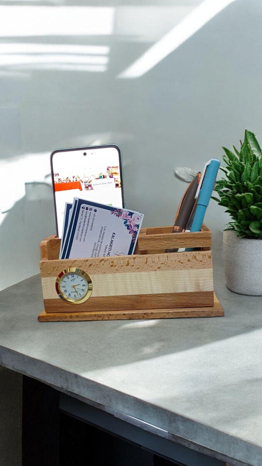 Wooden Desk Organiser With Clock
