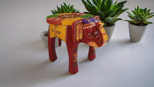 Wooden Elephant Side Table/Stool with Rajasthani Artwork
