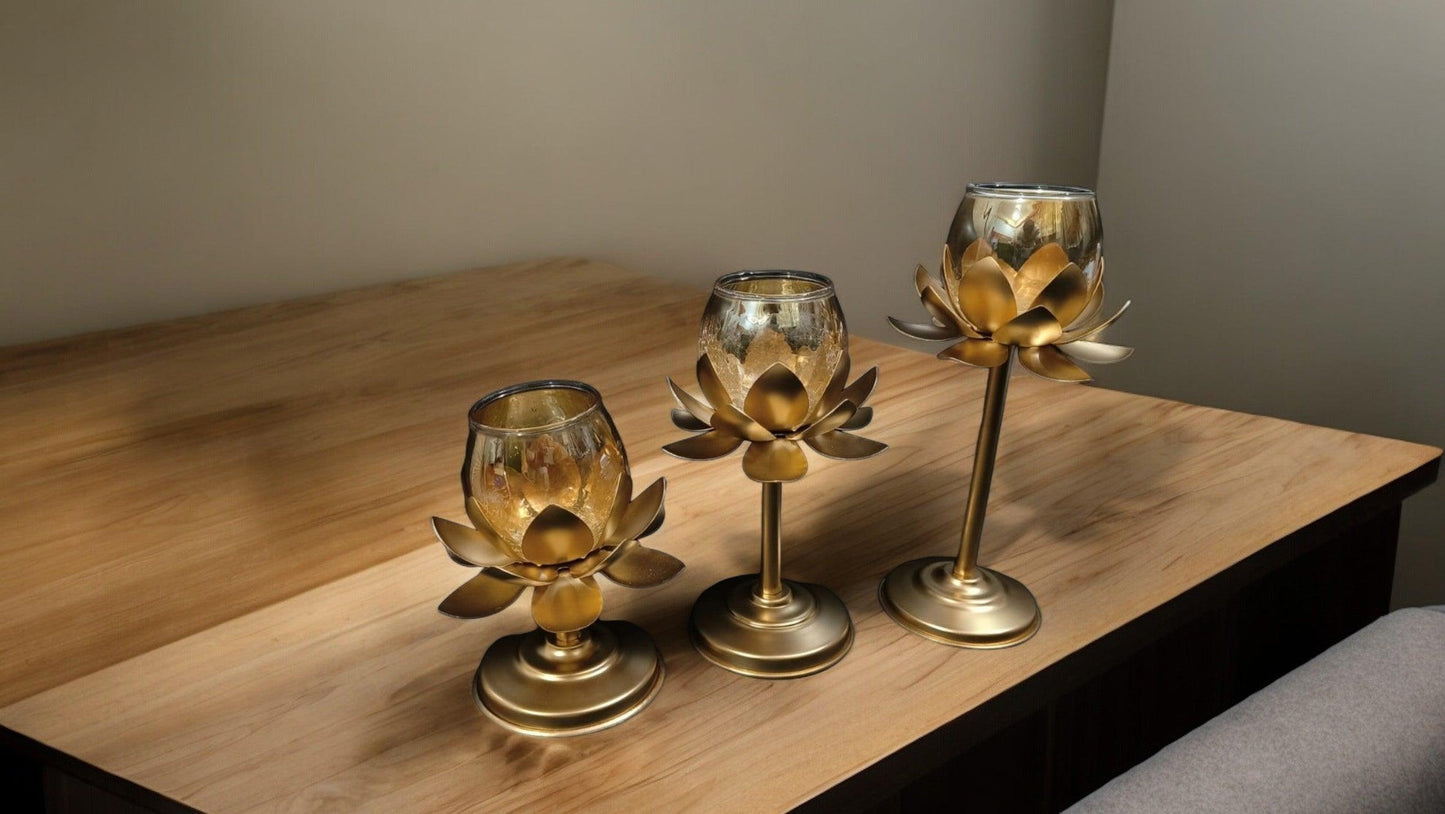 Lotus Glass Candle Stand with metal Leafs (Set of 3 Pcs)