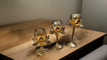Lotus Glass Candle Stand with metal Leafs (Set of 3 Pcs)