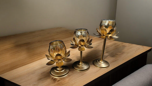 Lotus Glass Candle Stand with metal Leafs (Set of 3 Pcs)