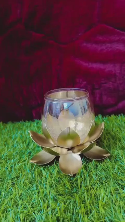 Lotus Glass Candle Stand with metal Leafs